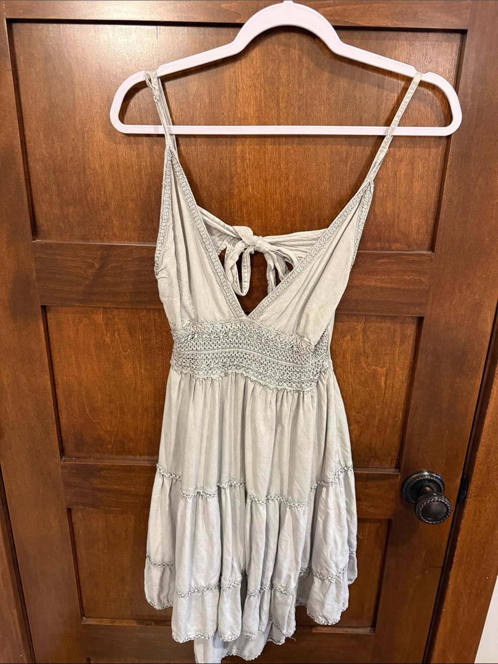 Smocked Waist Light Gray Mini Dress with Tie-Back